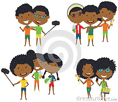 Summer African-American male and female characters make a selfie Vector Illustration