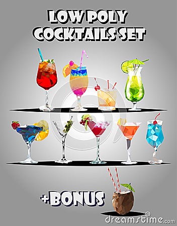Summer alcohol cocktails drinks polygonal icons set with coconut. Glass isolated vector illustration. Low poly Cartoon Illustration