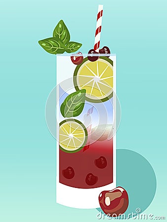 Summer alcoholic drink cold with berries. Realistic drawing. Raster Cartoon Illustration