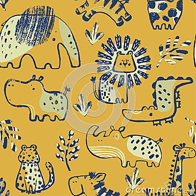 Summer animals tropical seamless pattern. Hand drawn african . Beach vacation background Vector Illustration