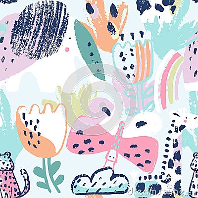Summer animals tropical seamless pattern. Hand drawn african print . Beach vacation background design textile Vector Illustration