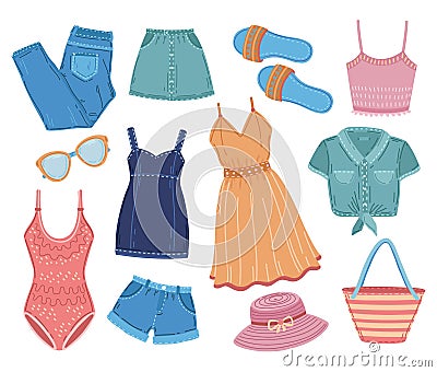 Summer apparel. Fashion clothes, woman outfit short jeans shirt. Clothing pack, trendy season female swimsuit Vector Illustration