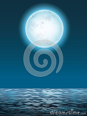 Vector Seascape With The Full Moon And Its Reflection On The Waves. Vector Illustration