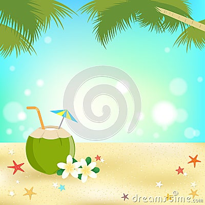 Summer background banner and frame with young coconut juice and Vector Illustration