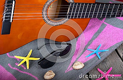 Summer background beach bar Acoustic guitar star hat and starfish on a wood Stock Photo