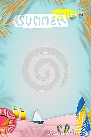 Summer background beach vacation holiday theme in pink wave layer on sea blue, Vector illustration vertical banner paper cut Cartoon Illustration