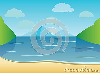 Summer background of beach with waves, clouds Vector Illustration