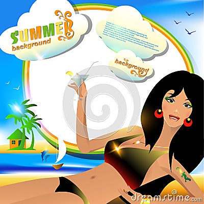 Summer background or card with girl with cocktail. Cartoon Illustration