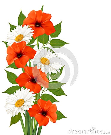 Summer background with colorful beautiful flowers. Vector Illustration