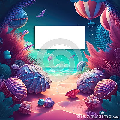Summer background with fantastic seashells on tropical sand beach near ocean. Flat lay, top view. Summer party backdrop Stock Photo
