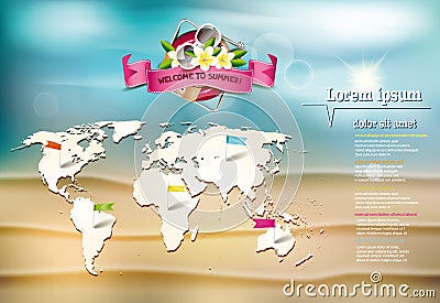 Summer background with Frangipani flower, world map and lifebuoy Vector Illustration