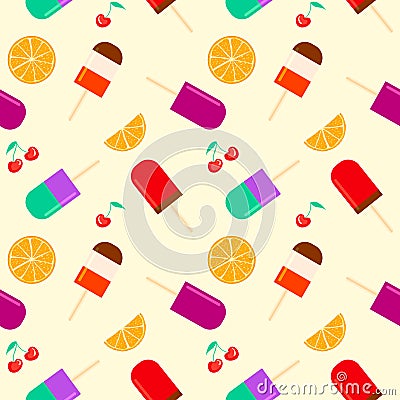 Summer background with fruity popsicle, orange and cherry furit. summertime seamless pattern with ice cream pop stick Vector Illustration