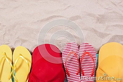 Summer background, summer items on the sand top view - copy space Stock Photo