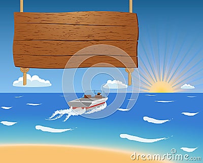 Summer background with motorboat and wooden sign. Vector Illustration