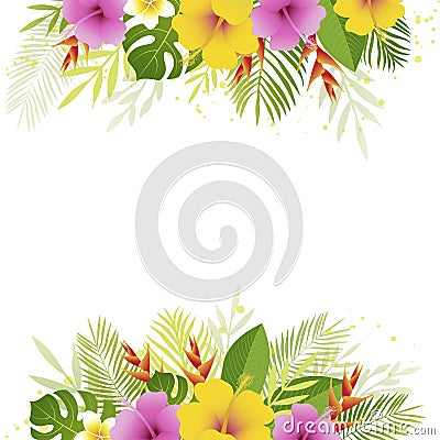 Summer background with palm leaves and tropical flowers. Floral banner template. Tropical card. Vector Illustration