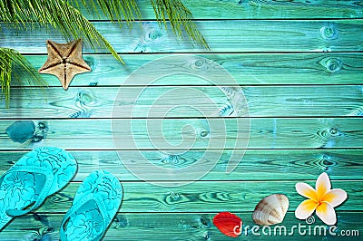 Summer background, palm trees, flip flops and sea shells Stock Photo