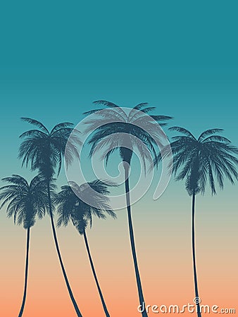 Summer background with palms, sky and sunset. Summer placard poster flyer invitation card. Vector Illustration