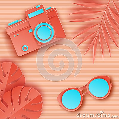 Summer background in pastel colors. Paper cut retro photo camera Vector Illustration