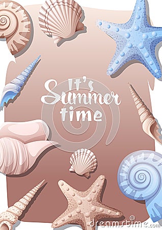 Summer background with sea shells, clams, starfish on the sand. Postcard, banner, flyer with beach vibe Vector Illustration