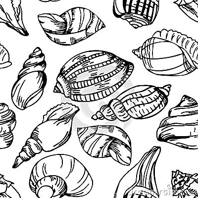 Summer background with shell elements. Repeating print background texture. Vector Illustration