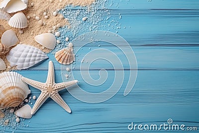 summer background with shells, sand and starfish on a blue background. Copy space. Ai generative Stock Photo