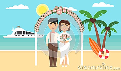 Summer background, sunset beach. The sea, yachts, palm trees and newly married couple. Floral arch. Wedding ceremony by Vector Illustration