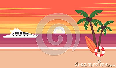 Summer background - sunset beach. The sun going down over the horizon is sunset. Sea, yacht and a palm tree. Vector Vector Illustration