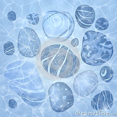 Summer background. Texture of water surface. The bottom of the lake. Stones, sand. Overhead view. Vector illustration nature backg Cartoon Illustration