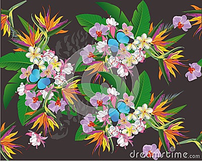 Summer background with tropical leaves and flowers. Vector Illustration