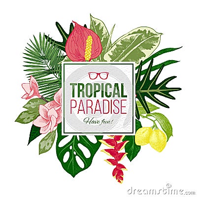 Summer background with tropical plants and flowers Vector Illustration