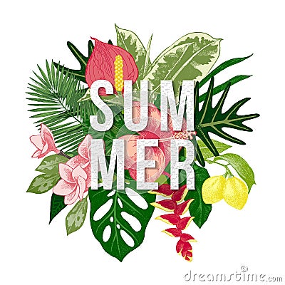 Summer background with tropical plants and flowers Vector Illustration