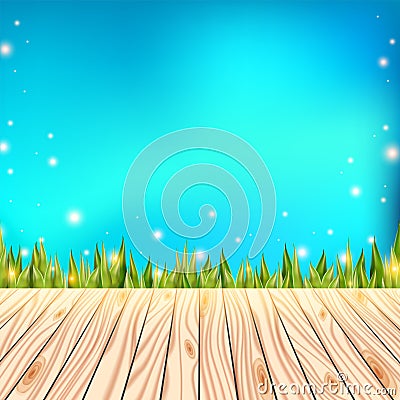 Summer background with wooden deck. Wood floor over green grass and blue sky. Abstract vector illustration. Vector Illustration