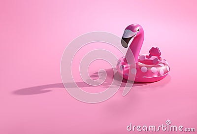 Summer backgrounds. 3d flamingo shape inflatable swimming pool ring for floating. Stock Photo