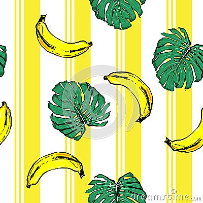 Summer banana and plam leves on resort stripe seamless pattern Stock Photo