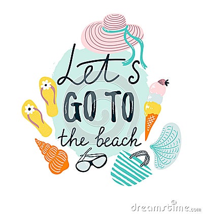 Summer banner with beach accessories. Vector hand drawn illustration Vector Illustration