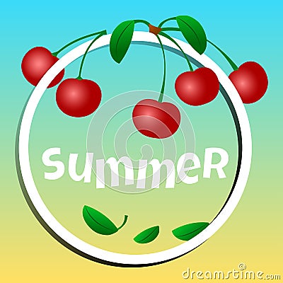 Summer banner, cherries in a circle with inscription SUMMER. Vector Cartoon Illustration