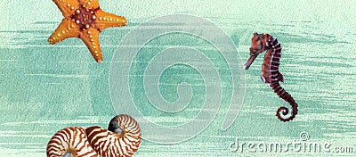 Summer banner with oil paint and watercolor brushes. Seashell, seahorse, starfish on a marine background with text space. Stock Photo