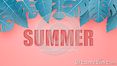 Summer banner or poster with tropical leaves on pink in paper cut style. Digital craft paper art Vector Illustration