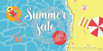 Summer banner, summer sale. Flat vector illustration with women on inflatable circles on the sea with a beach Vector Illustration