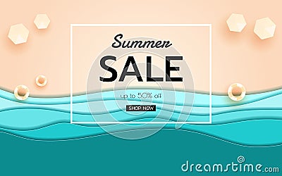 Summer banner sale. Top view blue sea and beach paper waves with umbrella beach and rubber ring. Vector Illustration