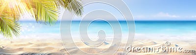 Summer Banner - Sunny Sand With Palm Leaves Stock Photo