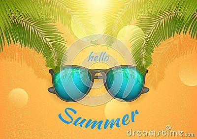 Summer banner with text Hello Summer, sunglass and palm branch Happy bright concept in yellow background. Vector Stock Vector Illustration