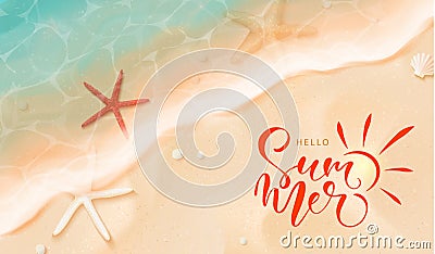 Summer banner.Top view of the sea tide, starfish and sand.Beach holiday.Vector illustration Vector Illustration