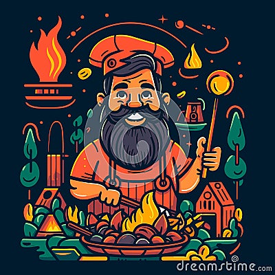 Summer barbecue cooking over a hot fire. BBQ time, grill party. Cartoon vector illustration. isolated background, label, sticker Vector Illustration