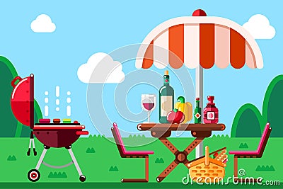 Summer barbecue picnic, vector flat illustration. BBQ grill, umbrella, table with food and wine on meadow Vector Illustration