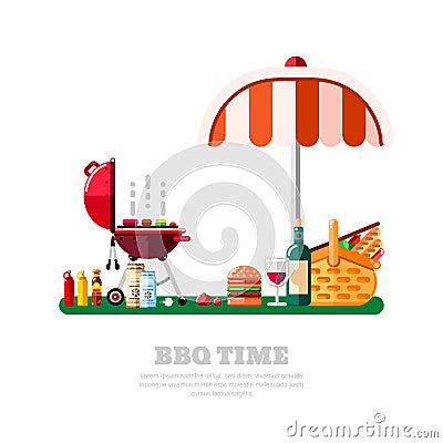 Summer barbecue picnic, vector flat isolated illustration. BBQ grill, umbrella, table with food and wine on green lawn Vector Illustration