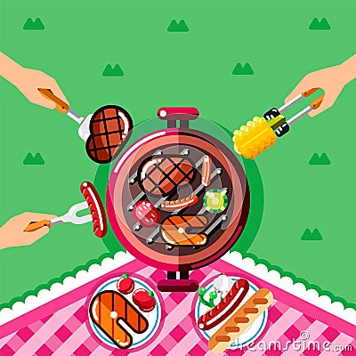 Summer barbecue picnic, vector illustration. Top view BBQ grill with steak and fish and human hands with forks and food Vector Illustration