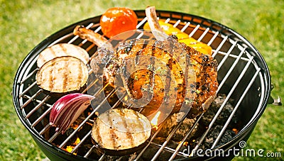 Summer barbecue with pork cutlets Stock Photo