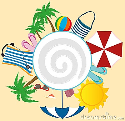 Summer beach accessories. Banner design with white circle for text Stock Photo