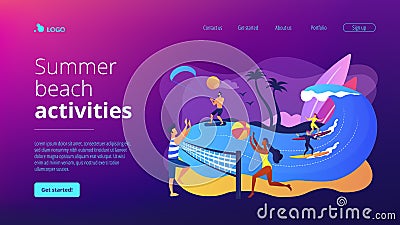 Summer beach activities concept landing page. Vector Illustration